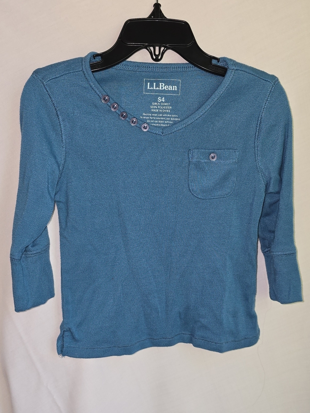 L.L. Bean Girls' Teal Blue Long-Sleeve Button-Neck Top